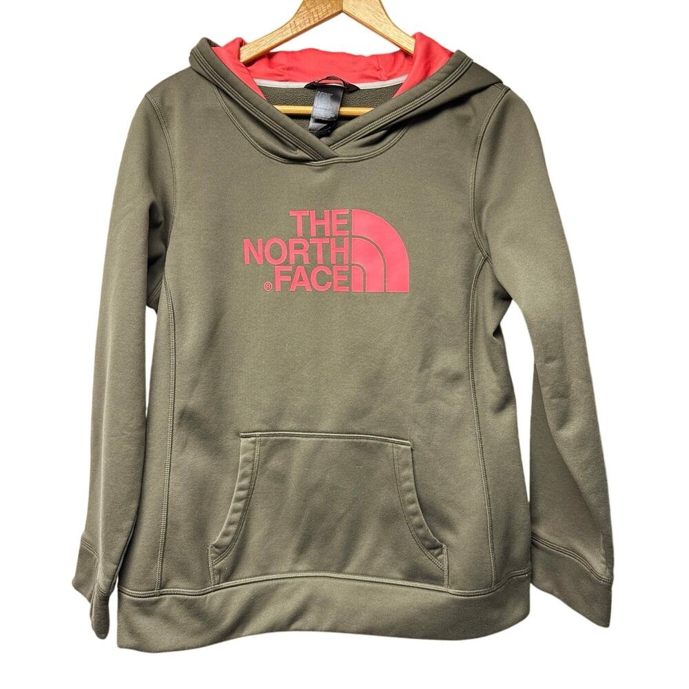 The North Face Women’s Large Hoodie Olive Green Coral Logo Pullover Sweatshirt